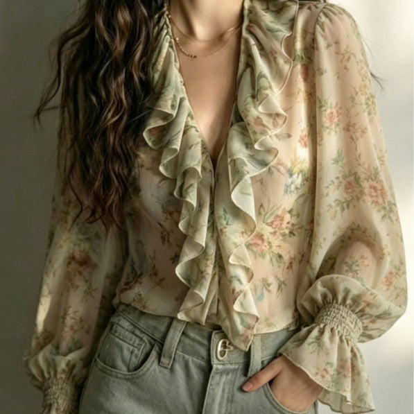 Early Autumn New Womens Ruffle-Trim V-Neck Printed Top