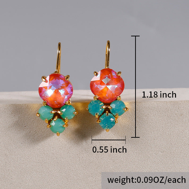 Iridescent Crystal Cluster Drop Earrings Gold Tone Brass Women Blue Orange Aqua Party Fashion Jewelry