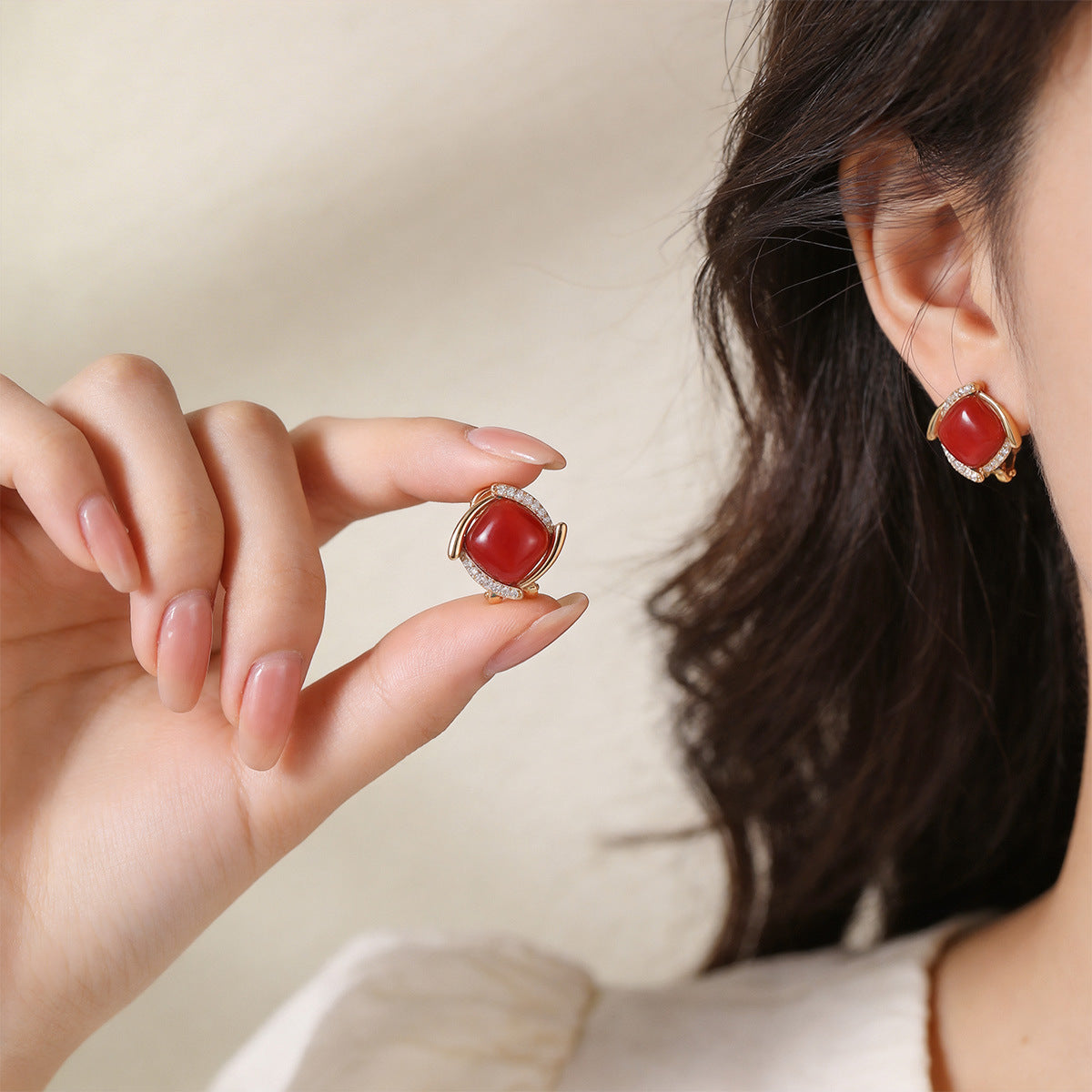 Popular New Year Red Fashion Square Stud Earrings, French Light Luxury Full-Diamond Earrings, Unique And Elegant Versatile Earrings For Women