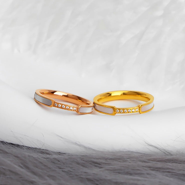 High-End Luxury Diamond-Encrusted White Mother-Of-Pearl Titanium Steel Ring For Women, Fashionable And Versatile, With Six Diamonds, White Mother-Of-Pearl, Non-Fading Ring
