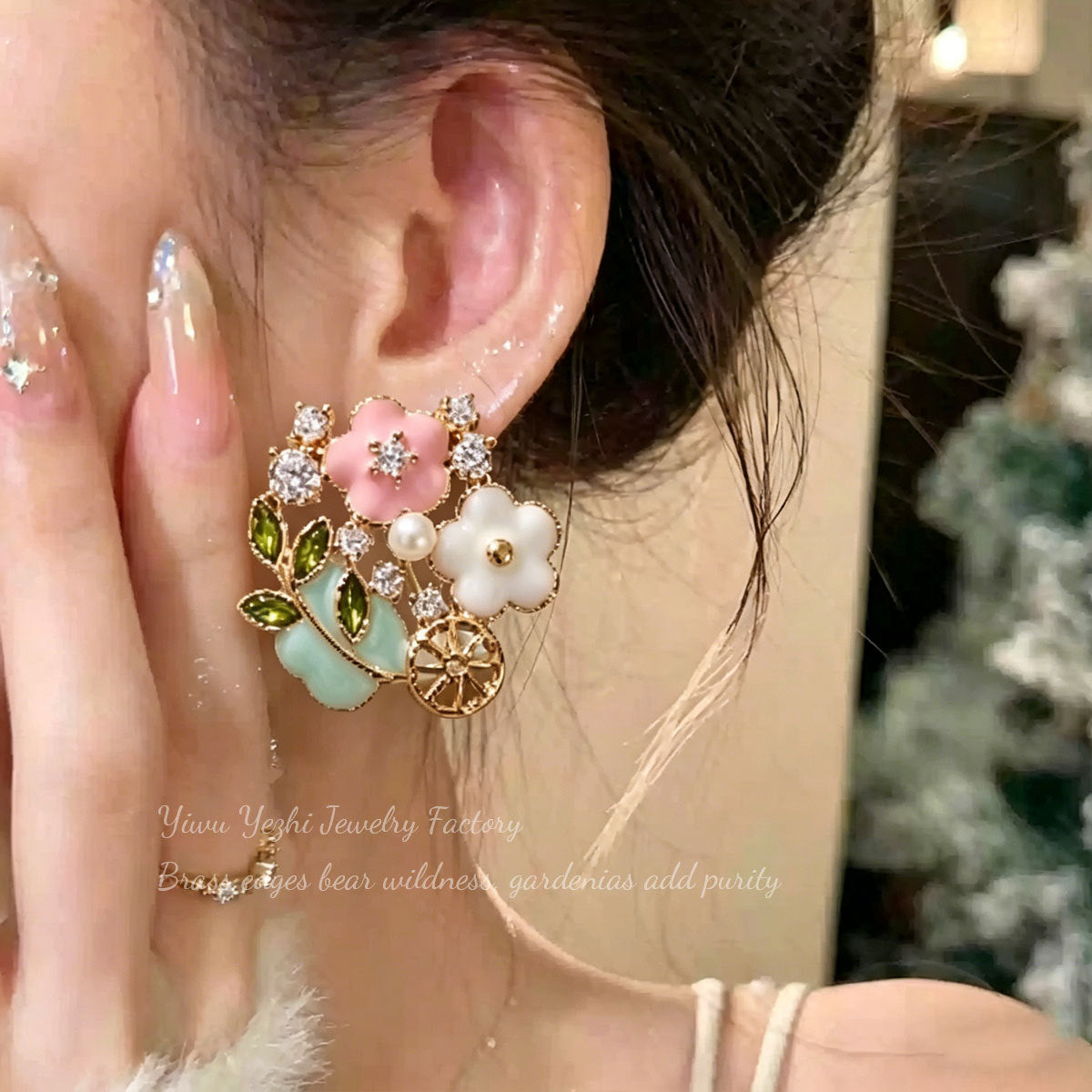 Korean-style Sweet Floral Pearl Stud Earrings, Fresh And Elegant, High-end Oil-drip Zircon Earrings For Women, Light Luxury Spring-summer Accessories