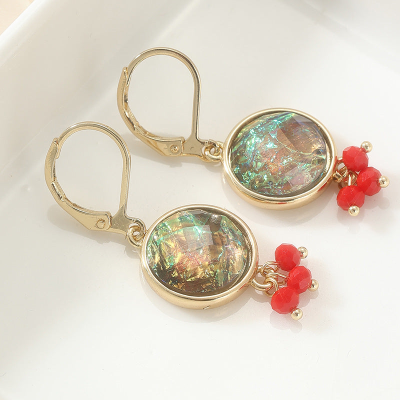 Iridescent Round Crystal Red Bead Drop Earrings Gold Tone Brass Women Artistic Party Fashion Jewelry