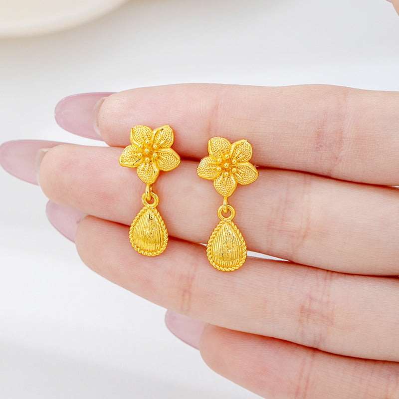 Vietnamese Sand Gold Copper Plated Filigree Flower Leaf Design Hoop Earrings