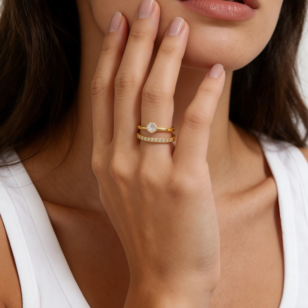 Korean-style Geometric Design Elegant Double-layer Zircon Ring
