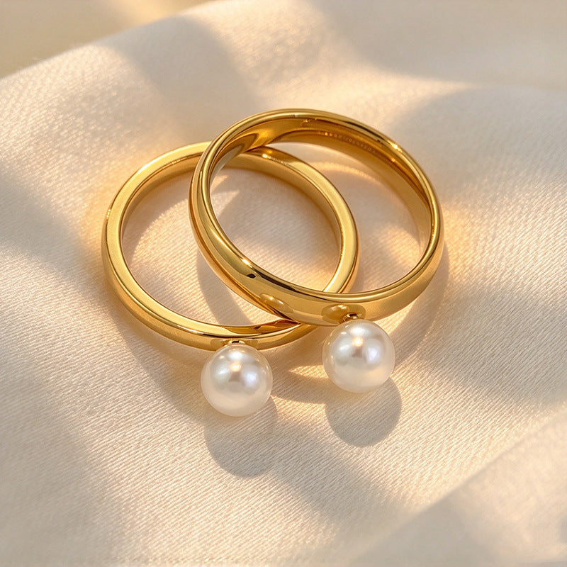 18K Gold Plated Titanium Steel Double Layer Open Ring For Women, Minimalist Luxury  Pearl Stackable Stainless Steel Finger Ring Jewelry