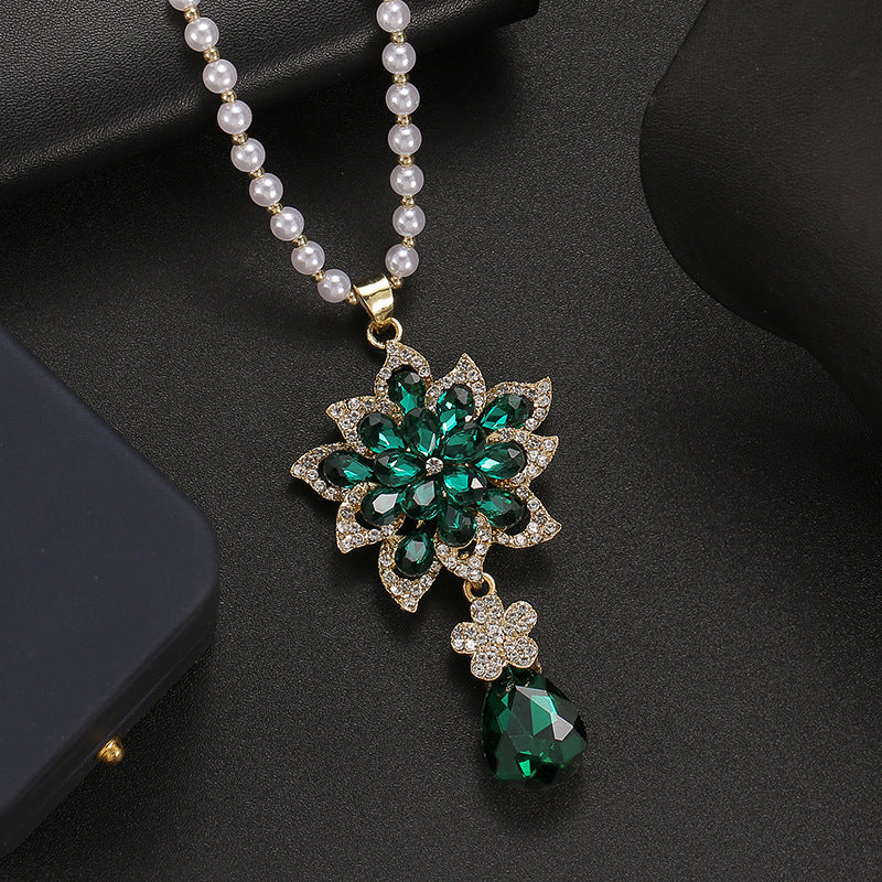 Korean Style Versatile Fashion Flower Sweater Chain Autumn And Winter Accessories Long Necklace Women's High-End Cat's Eye Pendant Camellia