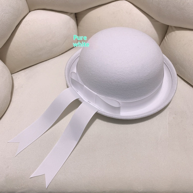 Woolen Preppy-style Hat With A Bow And Ribbon