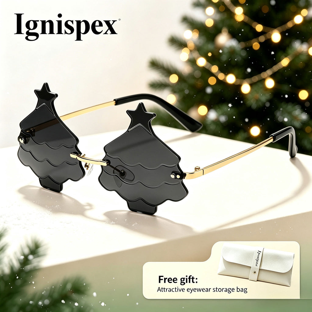 Christmas Tree Shaped Sunglasses, Gradient Green Lens, Rimless Festive Eyewear, Comes With Free Storage Bag.
