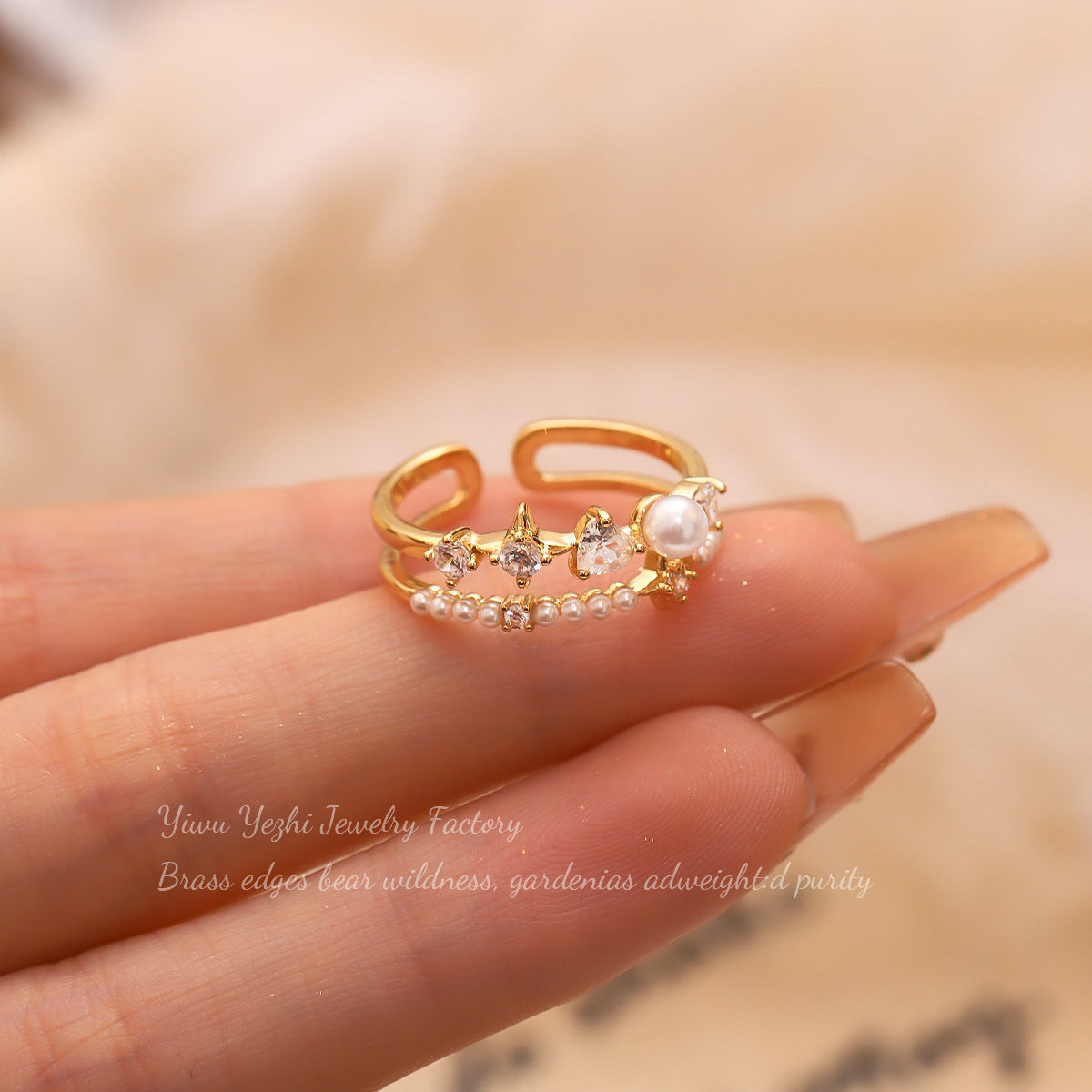 Japanese And Korean Fashion Simple Design Diamond-Encrusted Pearl Double-Layer Open Ring Personalized Accessible Luxury Versatile Index Finger Ring Accessories