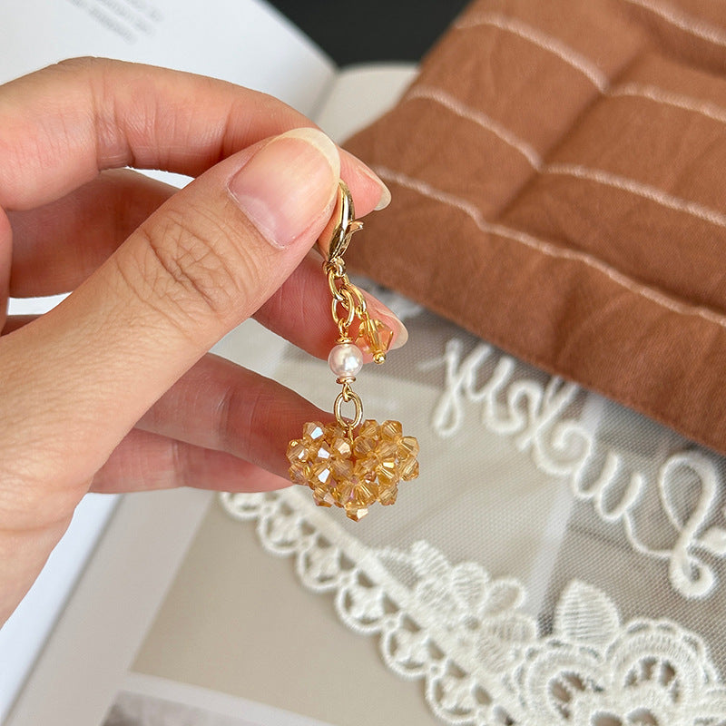 Love-shaped Imitation Crystal And Pearl Purse Charm With Zipper Pull For Womens Bags