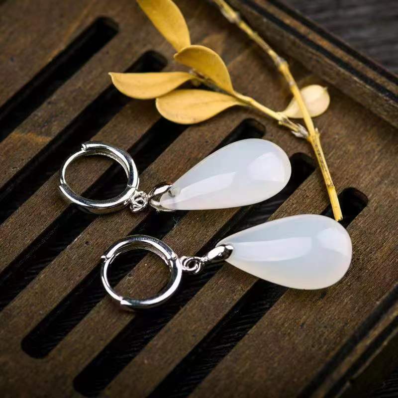 Sterling Silver And White Jade Ear Hooks Fashionable Silver Earrings