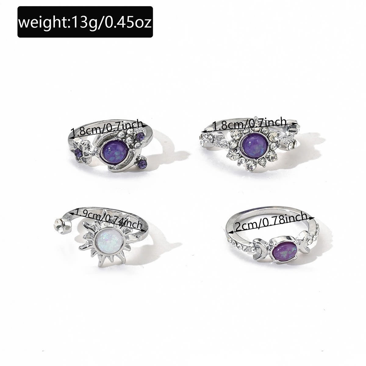French-style, Retro, Mysterious, And Dreamy Purple Sun And Moon Ring Set, Exuding An Elegant, Luxurious, And High-end Vibe