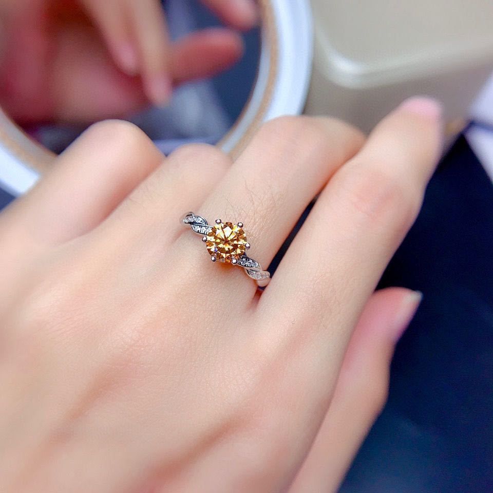 Women 8 Hearts 8 Arrows Champagne Moissanite Open Ring, Full Pave Iced Out Adjustable Simulated Diamond Ring