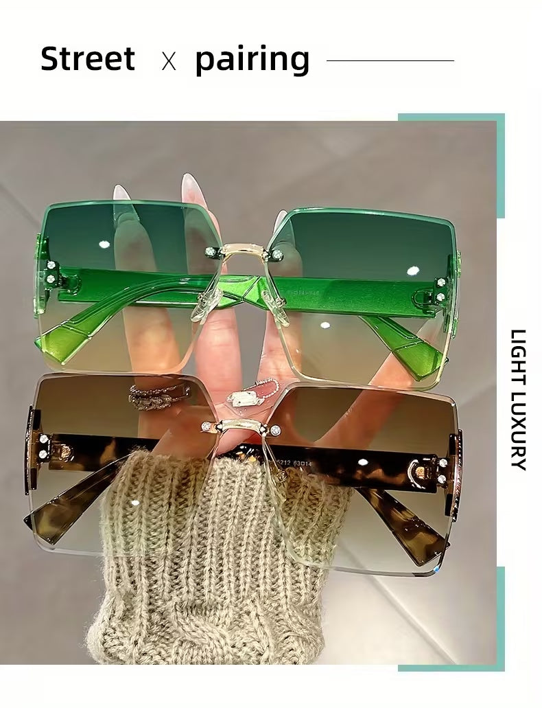 Women Rimless Oversized Square Sunglasses, Frameless Cut Edge Design Gradient Tinted Lenses, UV400 Protection Fashion Statement Eyewear, Lightweight Comfortable Sun Glasses Suitable For Beach Vacation