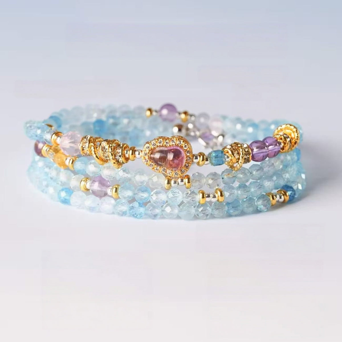 Natural Aquamarine  Rose Quartz Bracelet Amethyst Multi Stone Beaded Chain Water Element Energy Jewelry For Women