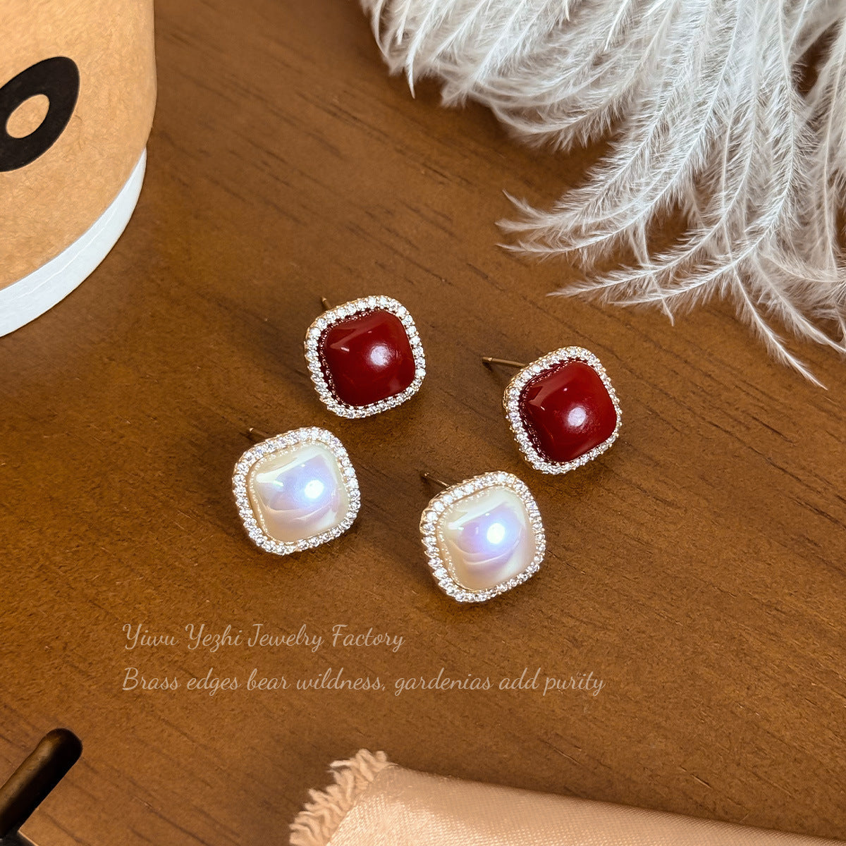French Hong Kong Style Micro-Paved Zircon Ankora Red Square Pearl Earrings For Women, Exquisite, Compact And Versatile Earrings Wholesale