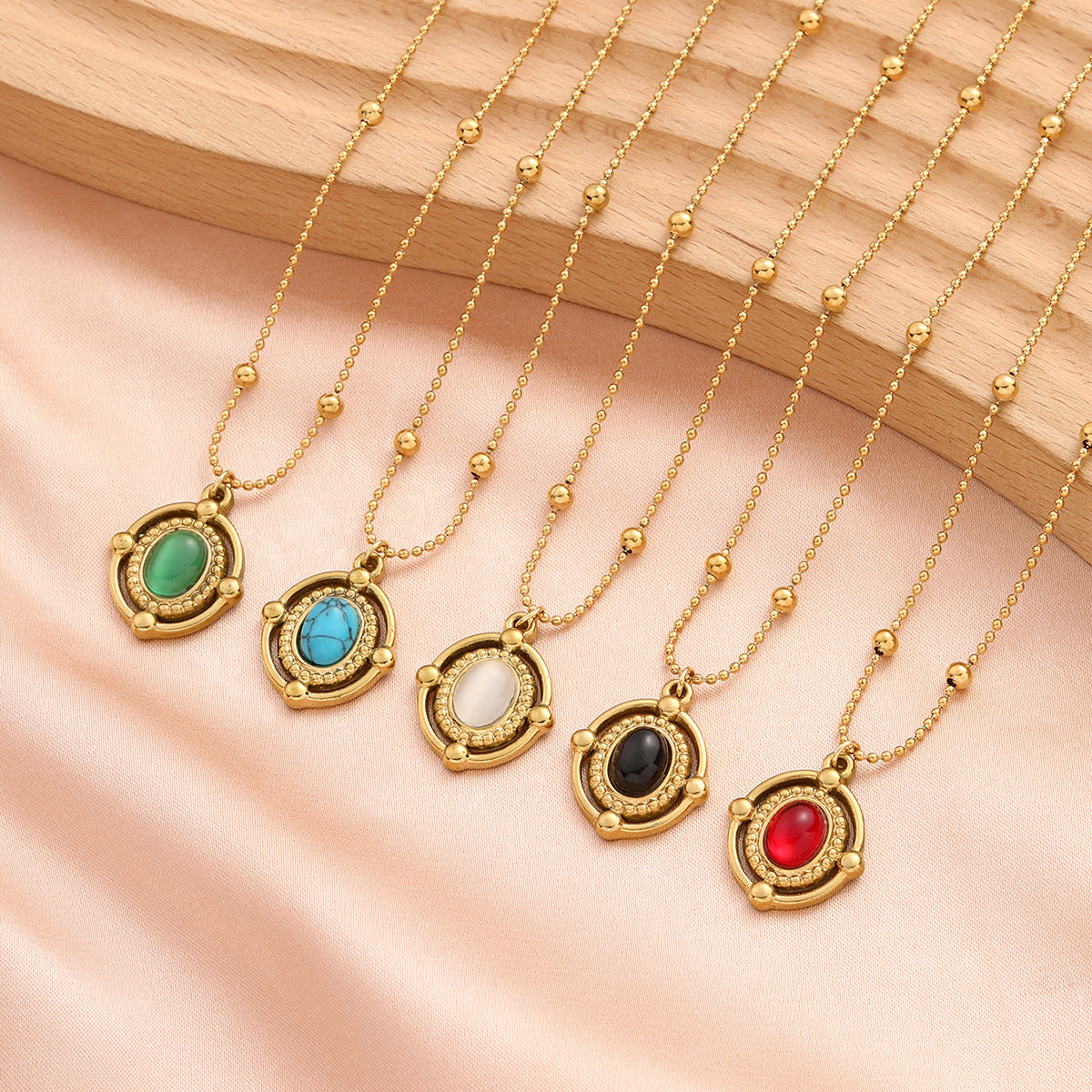 Gold Plated Stainless Steel Vintage Oval Gemstone Pendant Necklace For Women, Beaded Ball Chain Multi-color Stone Boho Statement Necklace Jewelry Gift