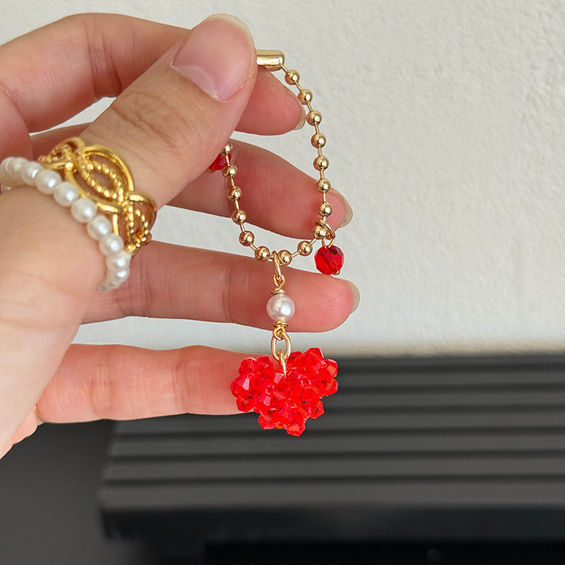 Love-shaped Imitation Crystal And Pearl Purse Charm With Zipper Pull For Womens Bags