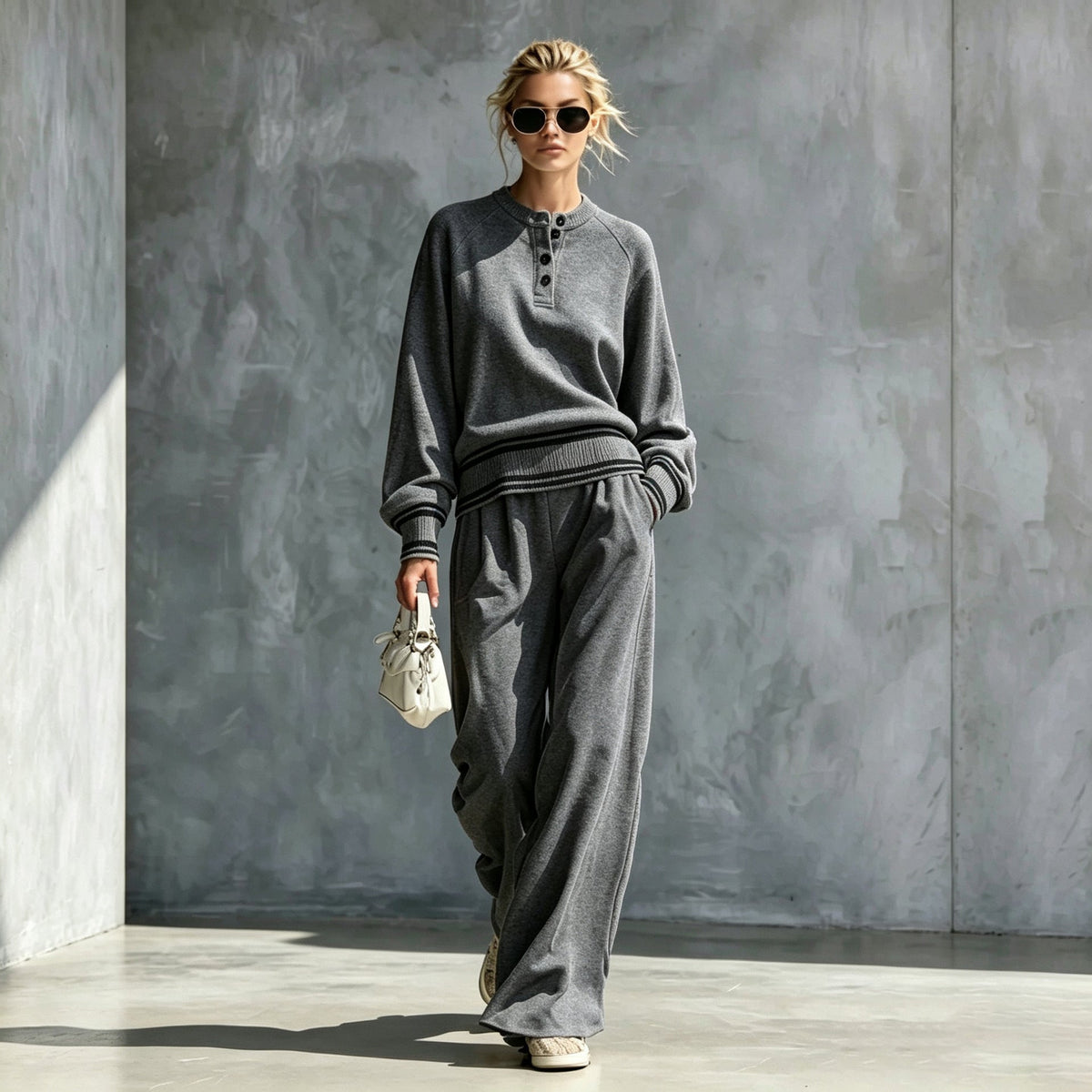 Women's Striped-Trim Henley Top & Wide-Leg Pants Set