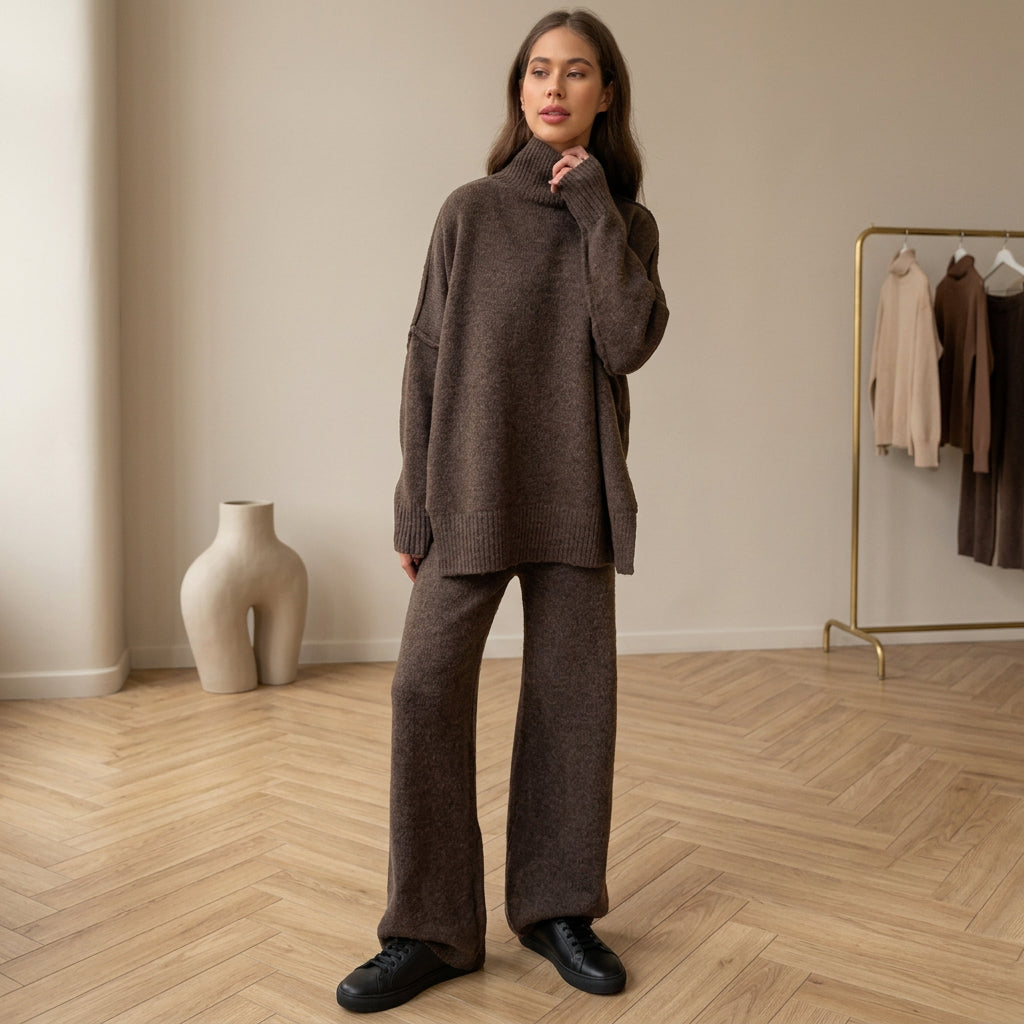 Women's Oversized High-Neck Sweater & Wide-Leg Knit Pants Set
