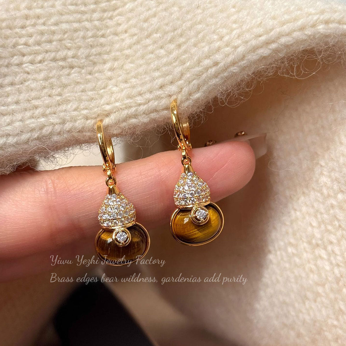 Korean Style Simple And Fashionable Tiger Eye Stone Gourd Earrings For Women, Gentle And Fairy-Like Temperament Earrings, Niche Design, High-End Earrings