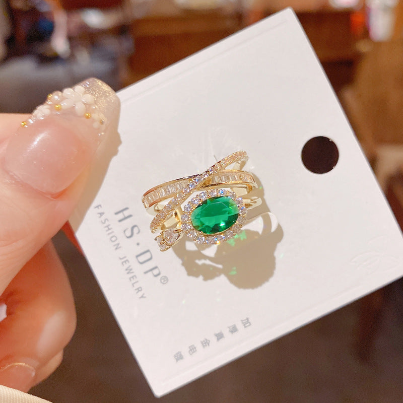 Korean Style New Entry Luxury Heavy Industry High Texture Emerald Crystal Ring Ins Trendy Adjustable Opening Ring Ring