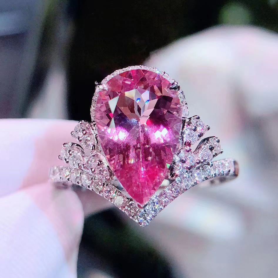 Internet Celebrant Explosive Luxury Crown Drop Shape Simulation Pink Tourmaline Color Treasure Opening Ring Pendant Earrings Suit