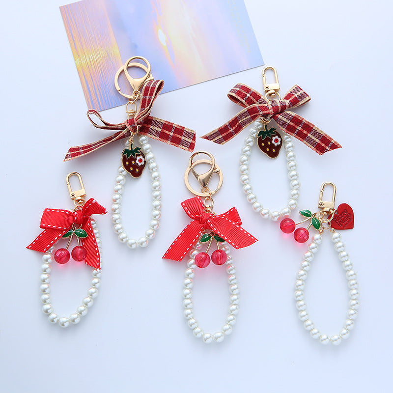 Woven Plaid Bow Strawberry Cherry Pearl Chain Keychain - Cute AirPods Case Pendant Bag Charm Accessory
