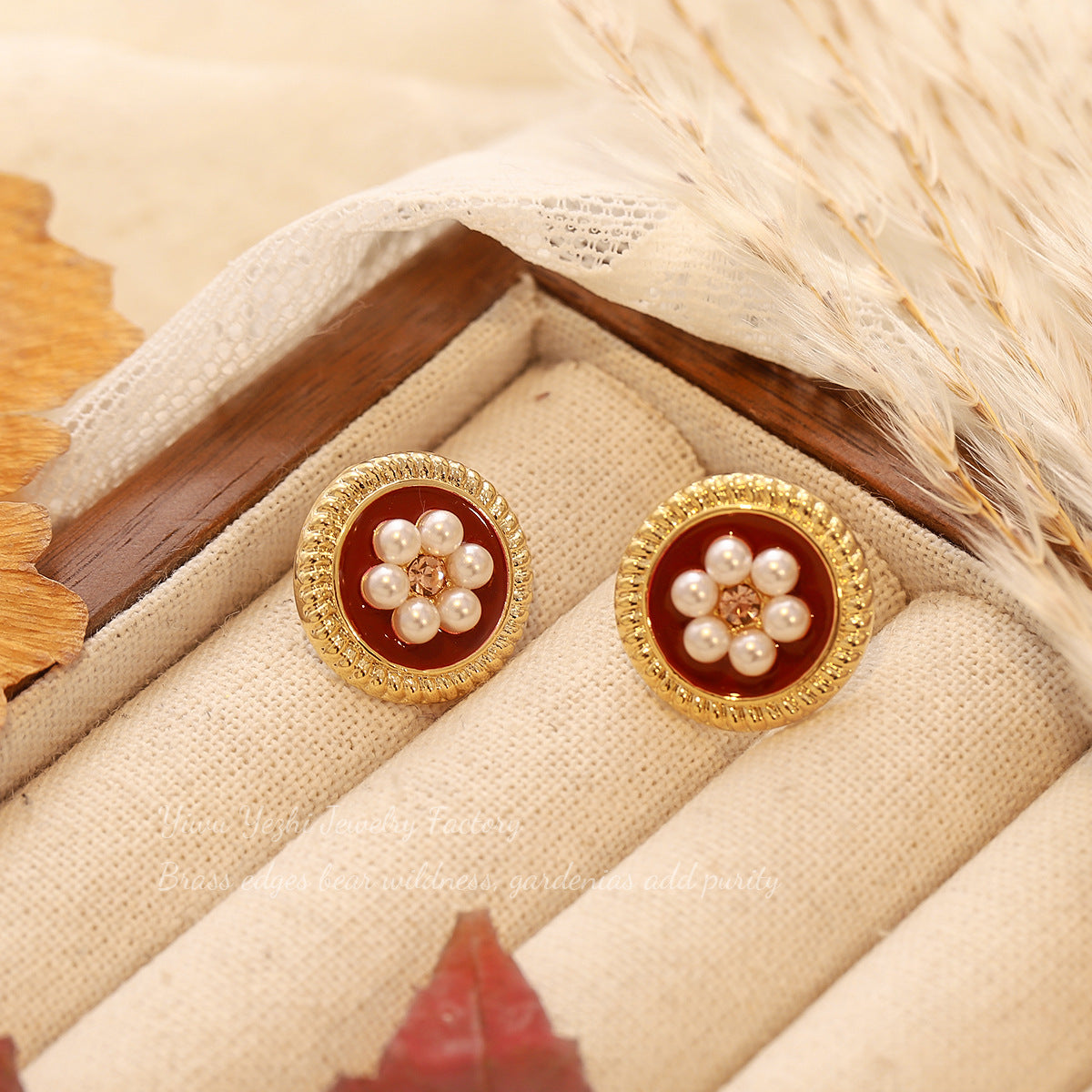 French Burgundy Oil Drop Flower Earrings For Women, Retro Hong Kong Style, High-End Earrings, Accessible Luxury, Second-Hand Earrings For Women
