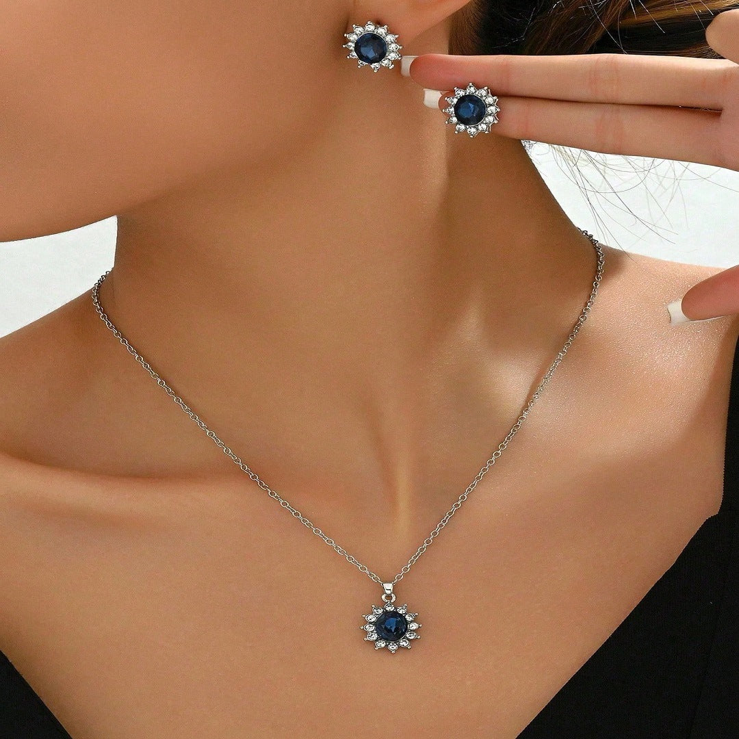 European And American Fashion Set Jewelry Sunflower Zircon Earrings Princess Kate's Same Style Tanzanite Sapphire Necklace Pendant