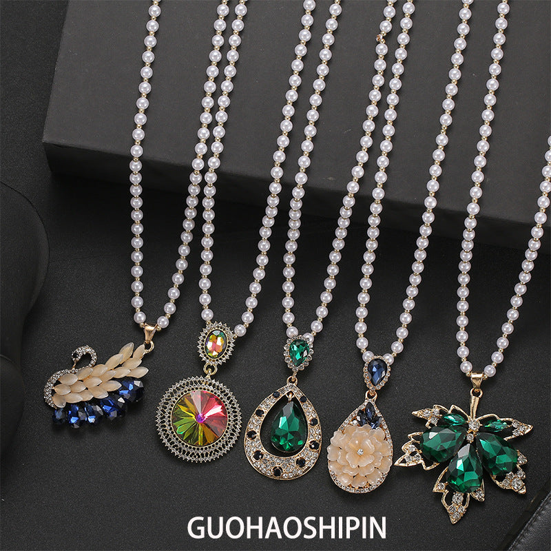 Korean Style Versatile Fashion Flower Sweater Chain Autumn And Winter Accessories Long Necklace Women's High-End Cat's Eye Pendant Camellia