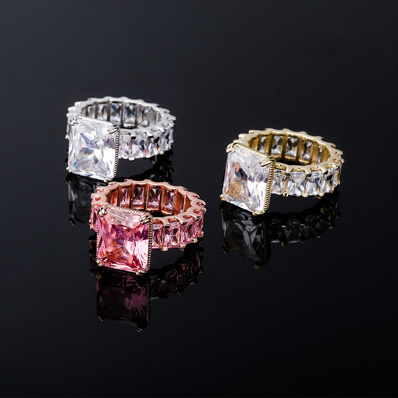 Amazon Cross-Border Women's Square Diamond Ring, Real Gold Electroplated, Full Zircon, Simple Ring, Light Luxury Fashion Ring