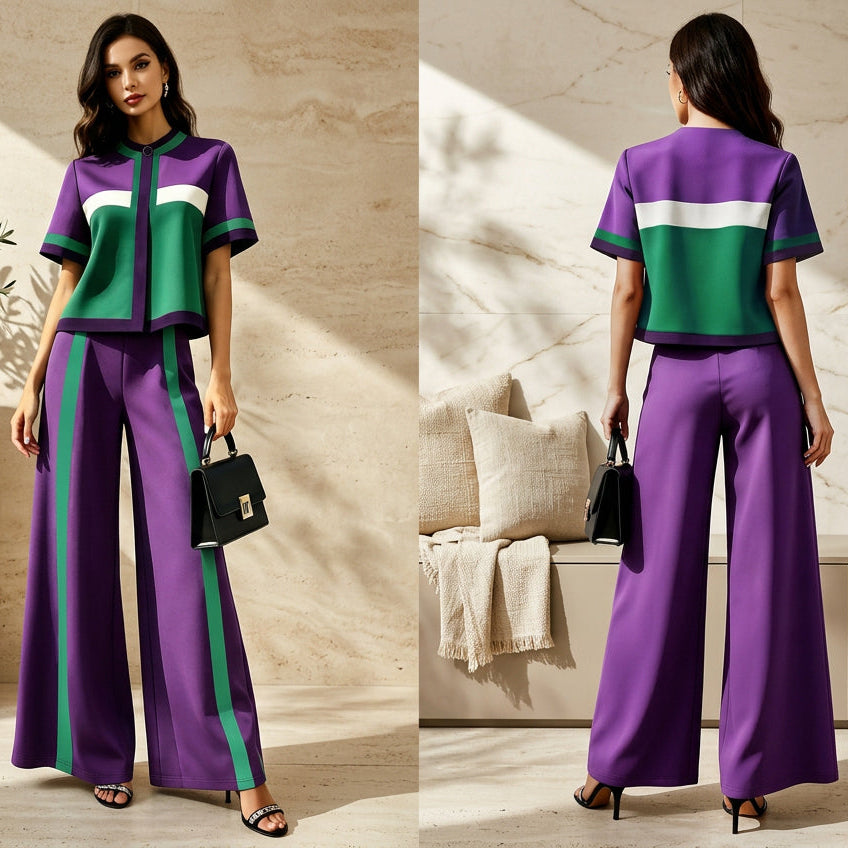 Women's Color-Block Short-Sleeve Top & Wide-Leg Pants Set