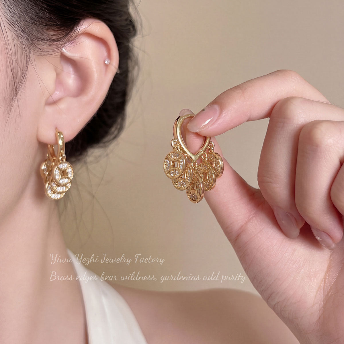Golden Five Emperors Coin Earrings With Diamonds, Super Sparkling, Chinese Style Retro Wealth-Attracting Coin Earrings, Unique High-End Earrings