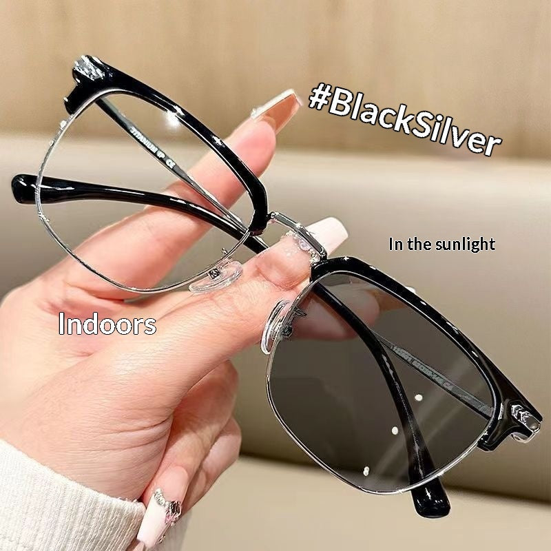 Half-frame Glasses Myopia Glasses Color-changing Stylish Eyewear
