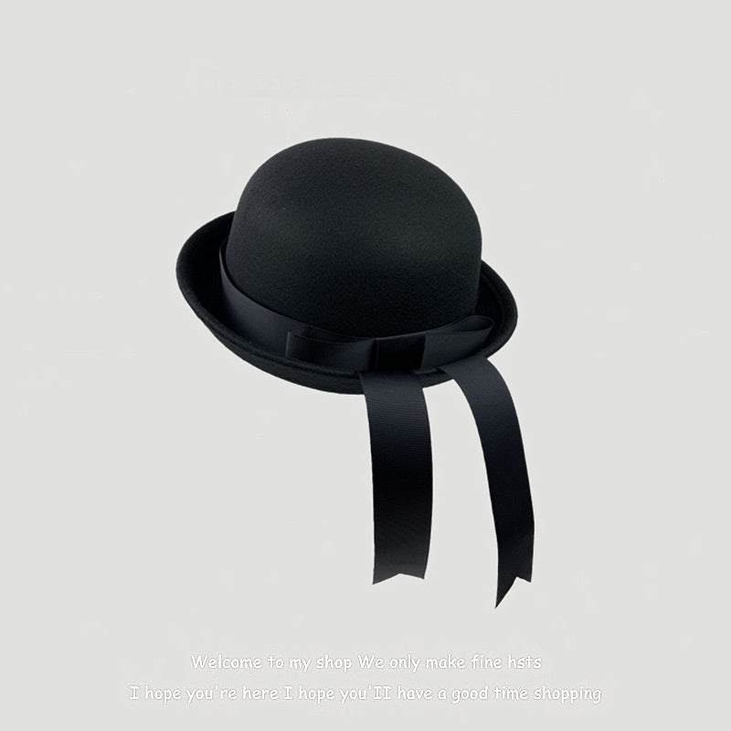Woolen Preppy-style Hat With A Bow And Ribbon