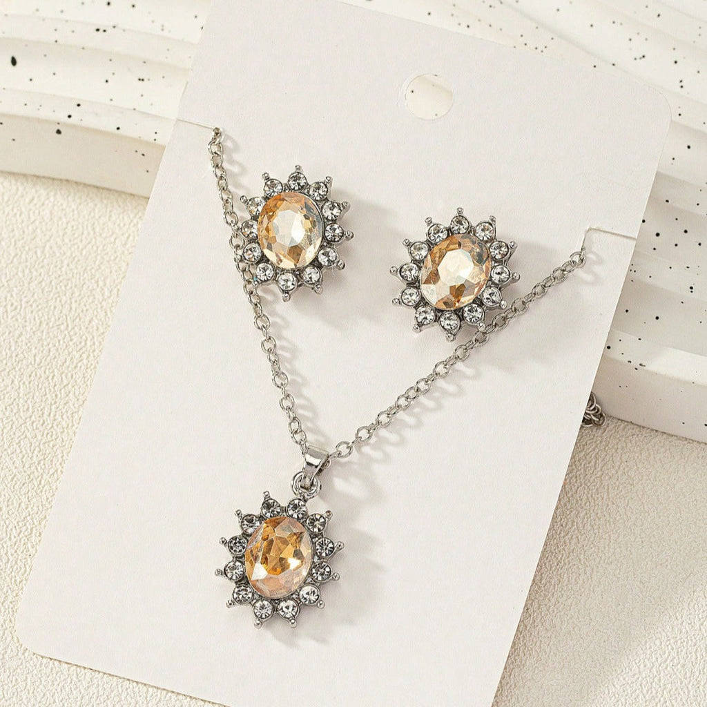 European And American Fashion Set Jewelry Sunflower Zircon Earrings Princess Kate's Same Style Tanzanite Sapphire Necklace Pendant