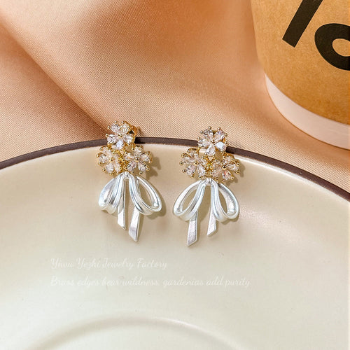 2025 New French Zircon Flower Bow Earrings Women's High-End Niche Design Earrings Tassel Earrings