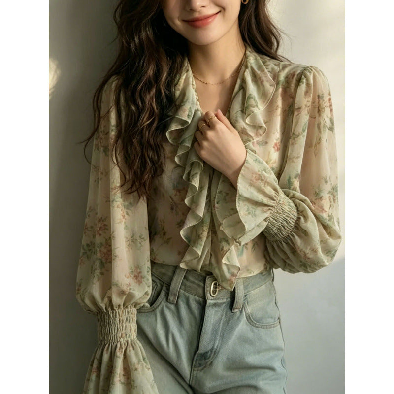 Early Autumn New Womens Ruffle-Trim V-Neck Printed Top