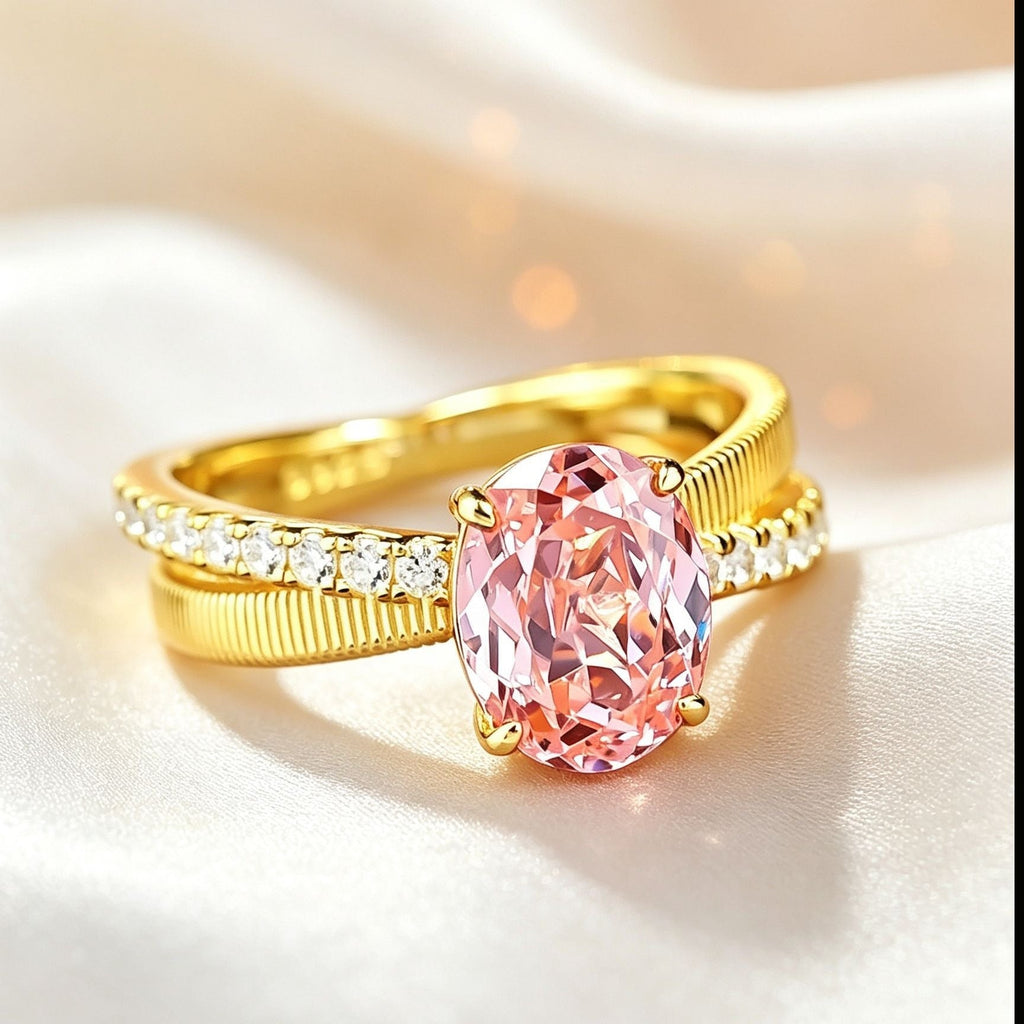 Women Italian Vintage Palace Style Oval Ring, Vertical Brushed Texture, Goose Yellow High Carbon  Flower Cut With Pink Accent , Gold Tone Statement Ring