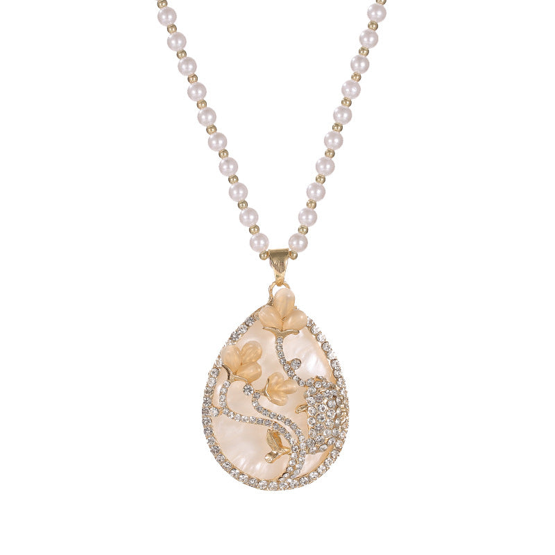 Korean Style Versatile Fashion Flower Sweater Chain Autumn And Winter Accessories Long Necklace Women's High-End Cat's Eye Pendant Camellia