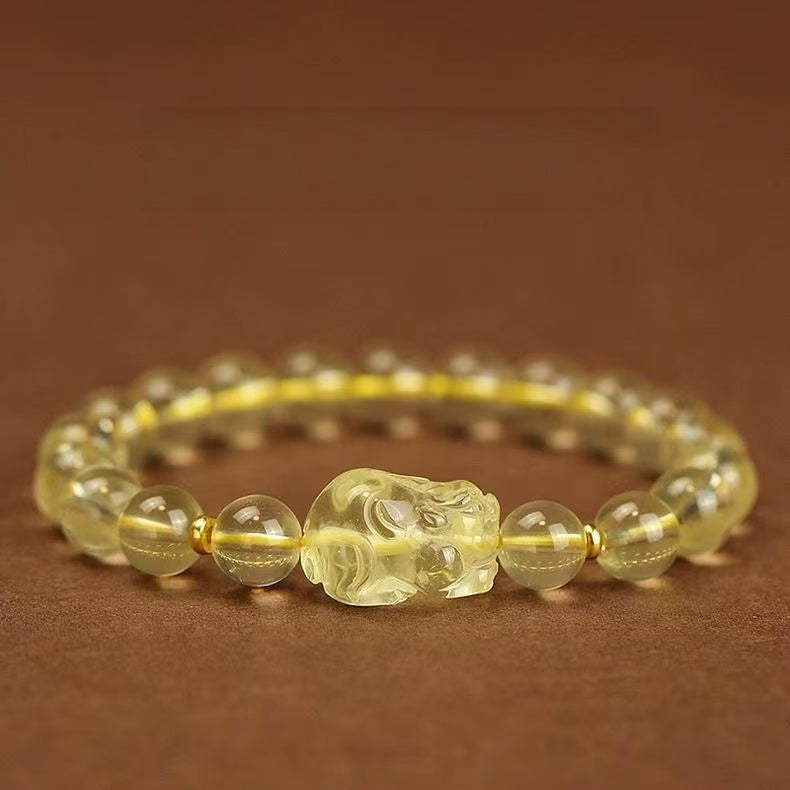 Natural Citrine Pixiu Bracelet Wealth Round Beaded Chain Energy Jewelry For Women