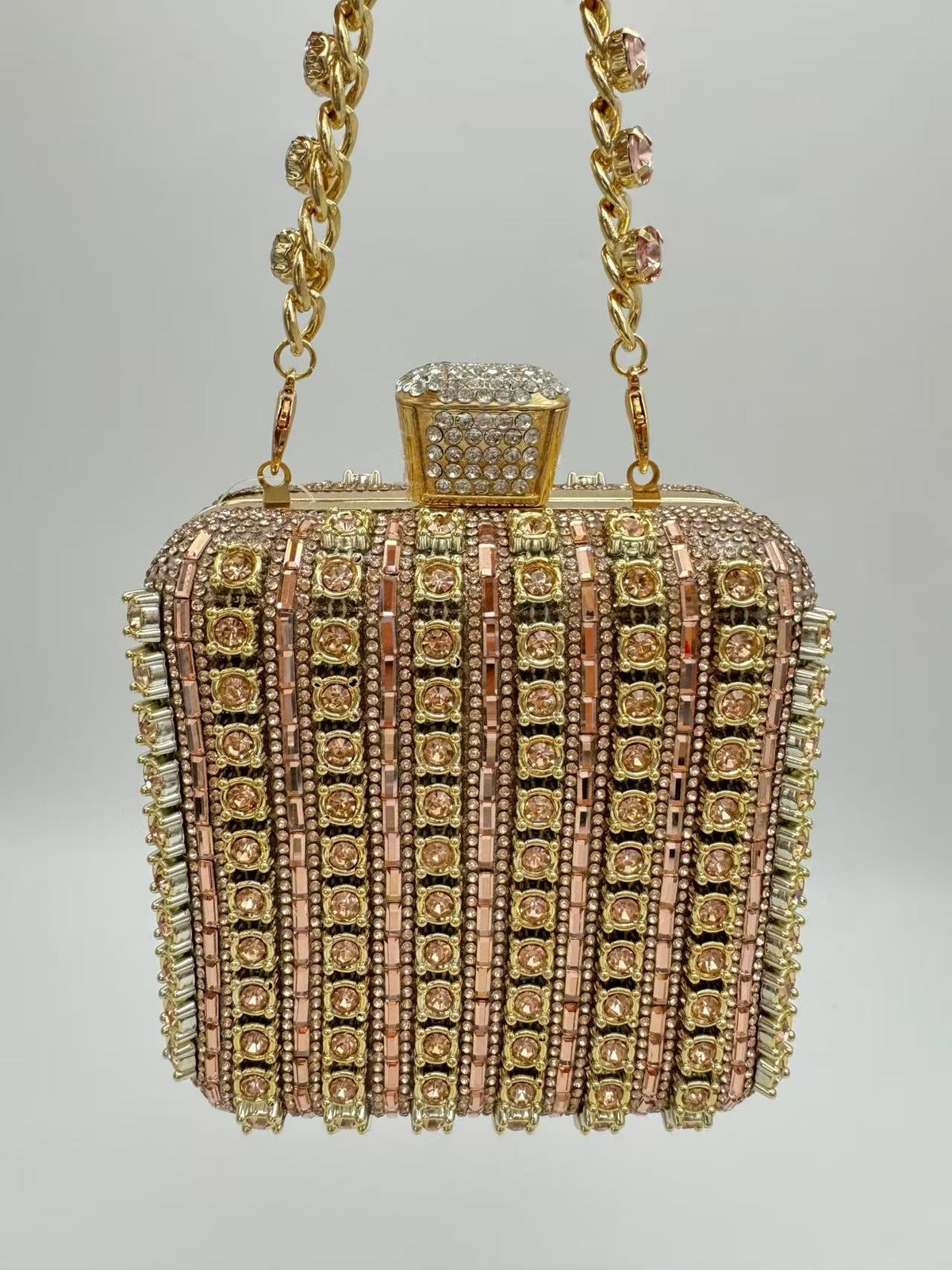Women's Handmade Chain Rhinestone Square Mini Bag, Full Rhinestone Evening Clutch, Top-Handle Handbag, Sparkling Mini Square Purse For Party & Wedding