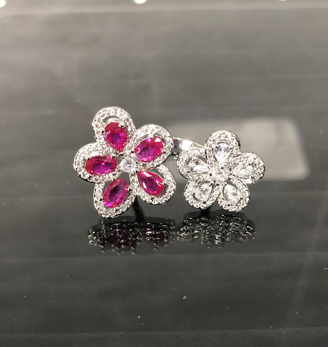 Colorful Bright Crimson Gemstone Flower Grape Purple Zircon Shining Diamond Flower Ring