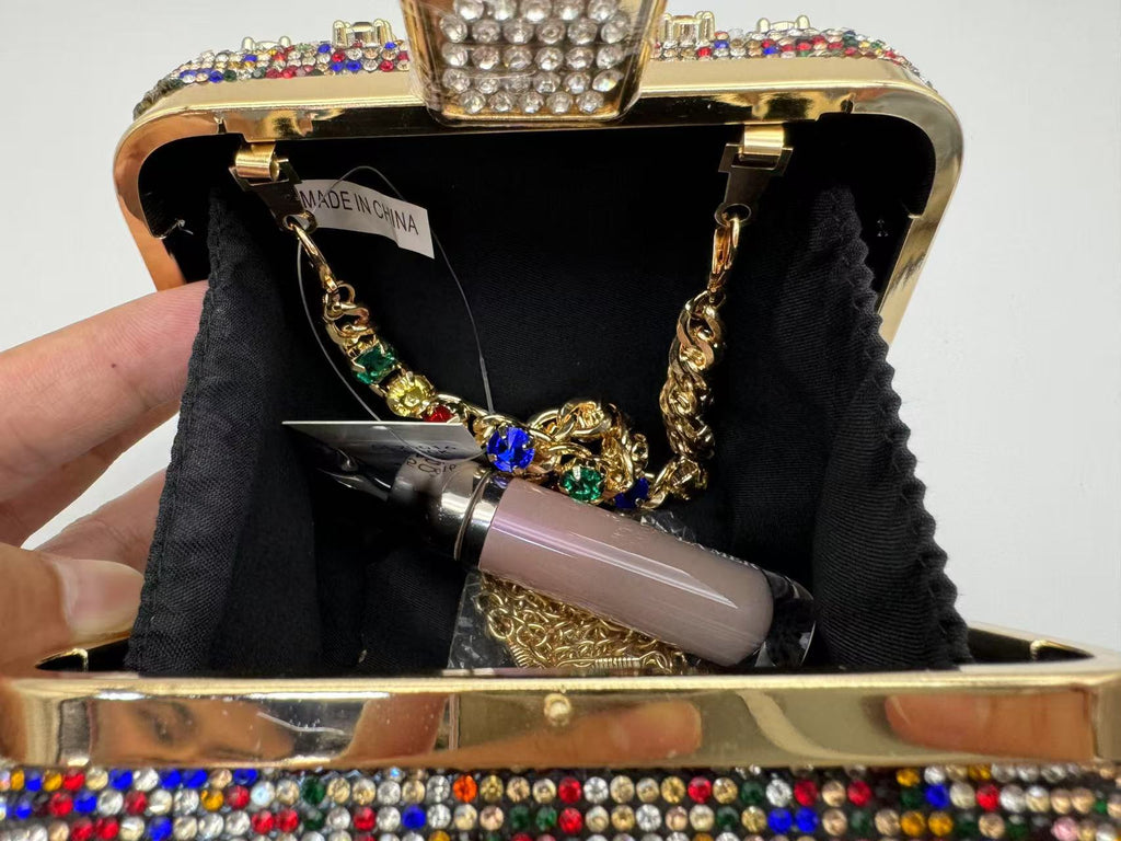 Women's Handmade Chain Rhinestone Square Mini Bag, Full Rhinestone Evening Clutch, Top-Handle Handbag, Sparkling Mini Square Purse For Party & Wedding