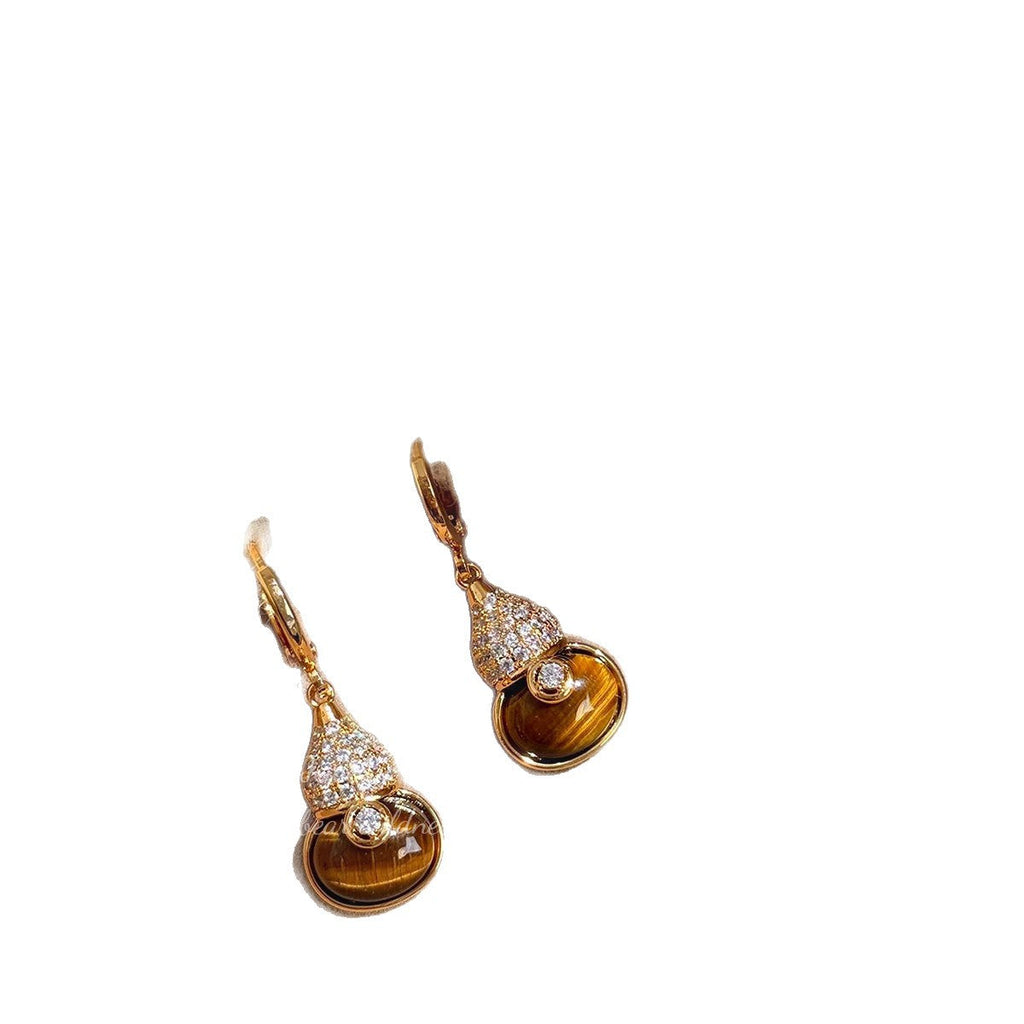 Korean Style Simple And Fashionable Tiger Eye Stone Gourd Earrings For Women, Gentle And Fairy-Like Temperament Earrings, Niche Design, High-End Earrings