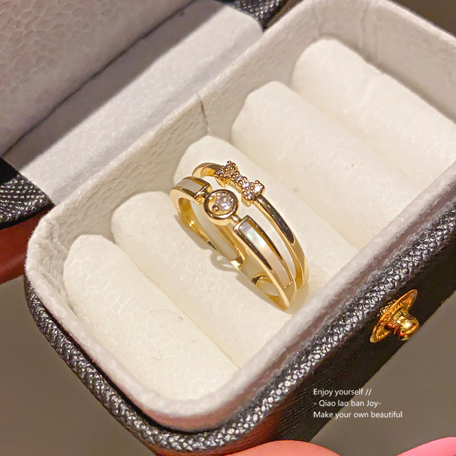 14k Real Gold Plated Zircon And Mother-of-pearl Double-layer Open Ring, Simple And Stylish Index Finger Ring, Light Luxury With A High-end Feel