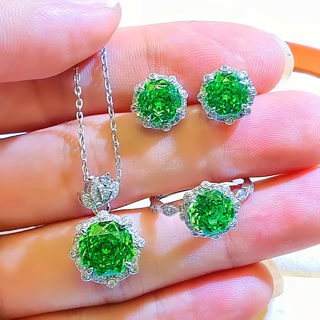 Violet Millennium Rose Cut Pendant Necklace, Gemstone Three-Piece Set, Rose Flower Ring, High Carbon Diamond Flower Earrings For Women