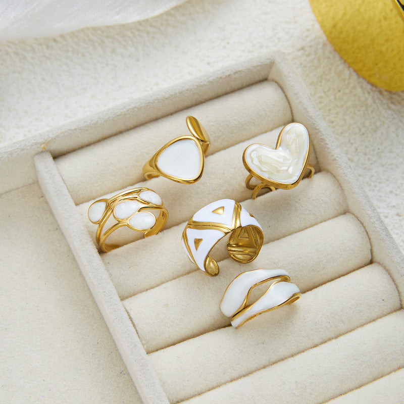 Stainless Steel Heart-shaped Geometric Pearl Inlaid Ring