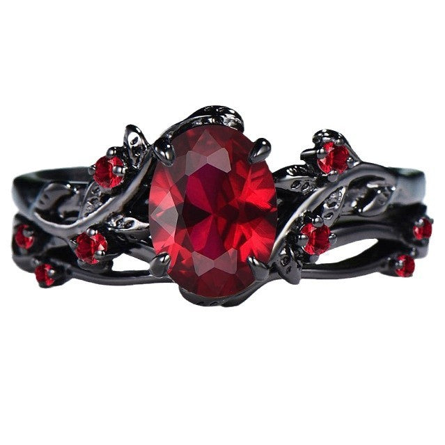 Sanjie Cross-border European And American Retro Foreign Trade Hot Selling Ruby Ring Gun Black Rose Branches Cross Pair Ring